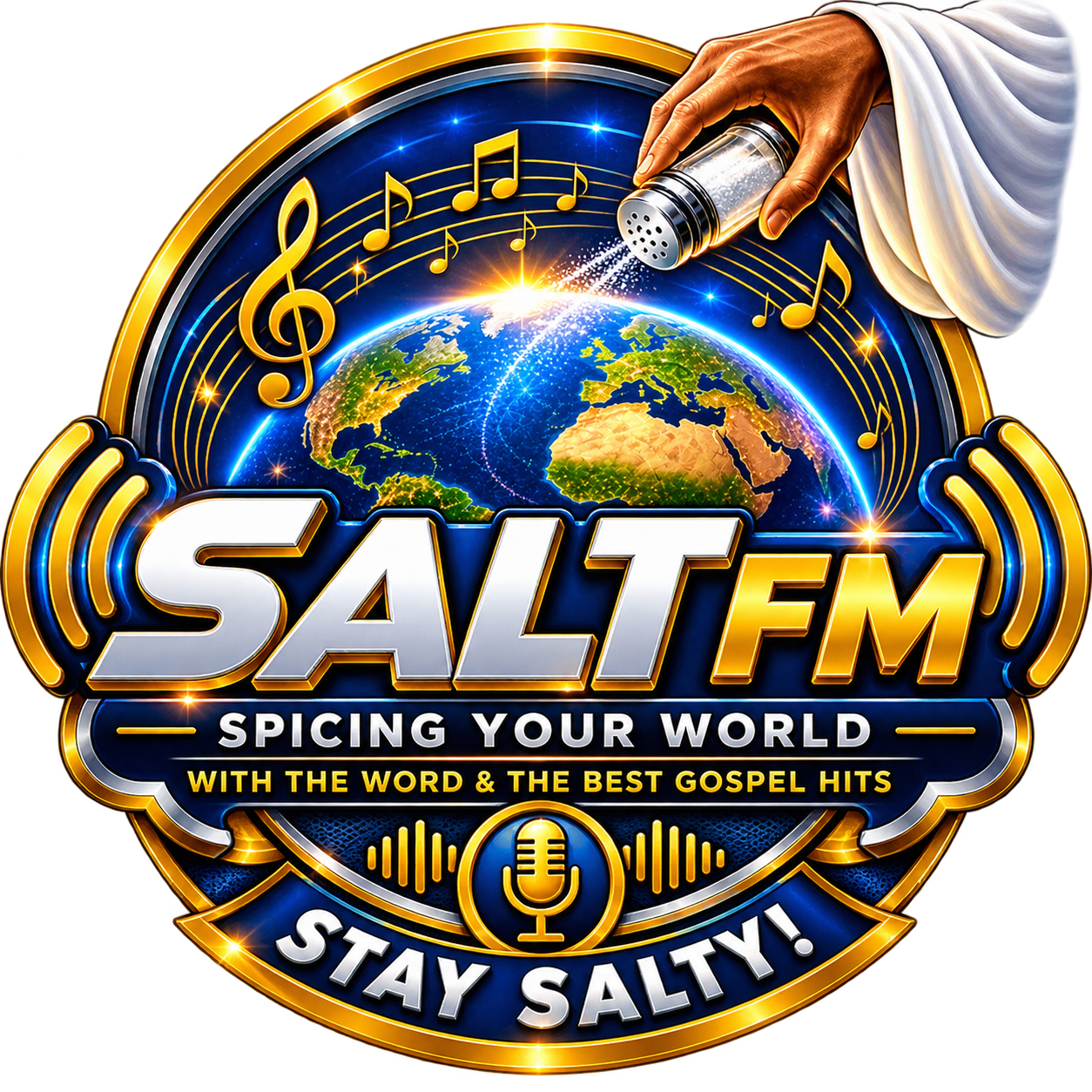 Salt FM Hero logo showing a globe, music notes, a hand sprinkling salt, a microphone and the words Stay Salty